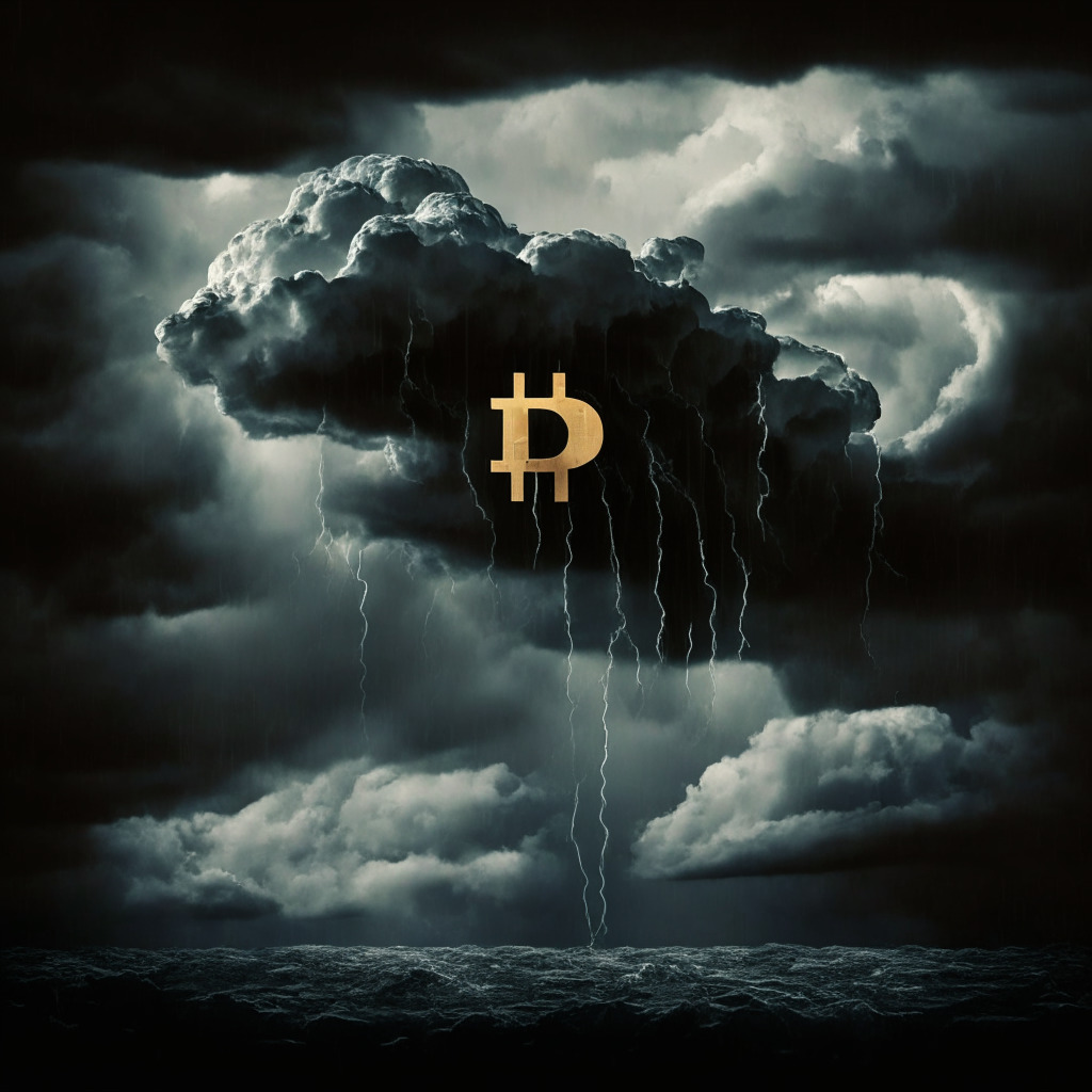 Darkened financial landscape with stormy clouds looming over a symbolic representation of Bitcoin, suggestive of downturn. The image should give a feeling of uncertainty, volatility in the air, an urgent undertone. A digital ticker showing declining value, numbers gradually fading. Hints of tightened global markets, and elements to imply the shifting balance between protective and risky trends.