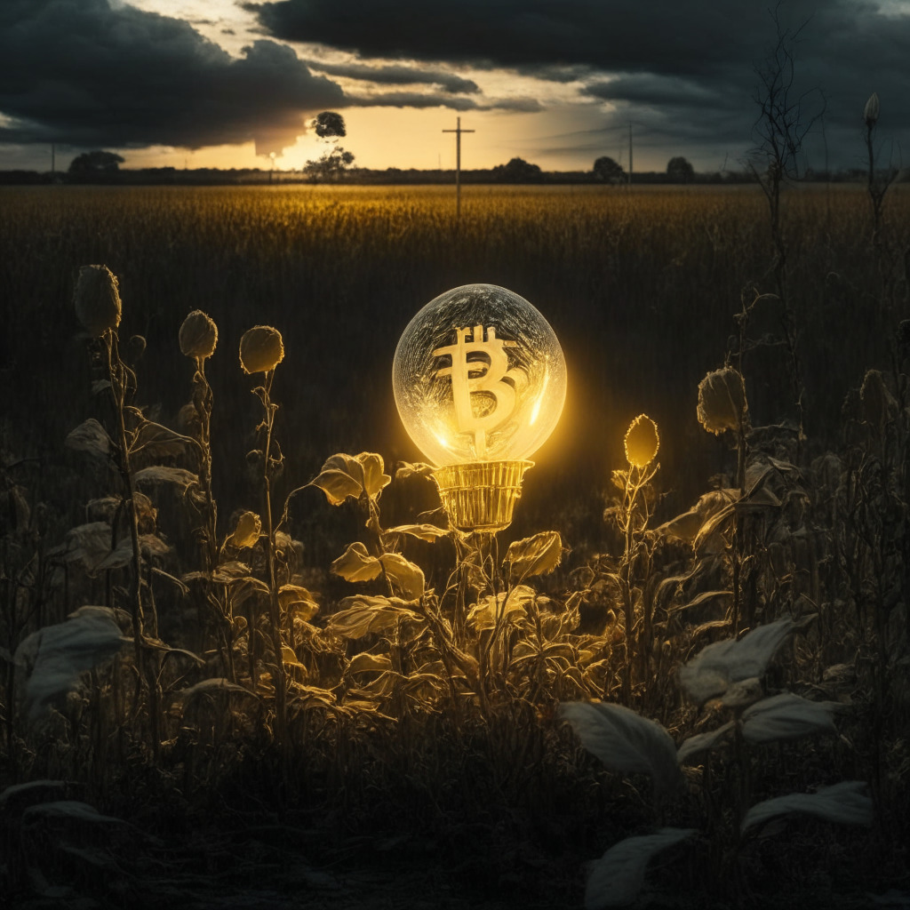Dramatic, dusk-lit scene of a large, bursting, golden Bitcoin bulb growing robustly in a field of wilting, traditional currency bushes, all under an anticipating, overcast sky. It's rendered in the enigmatic style of Romantic era, bringing out a serene yet ominous mood.