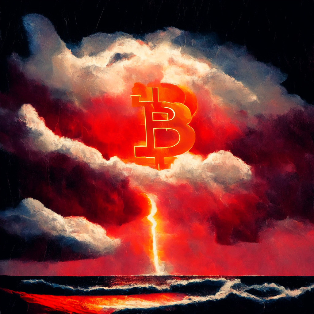 An abstract Bitcoin symbol lit vibrantly against a stormy September sky, streaks of brilliant red signifying the potential losses. A dimly lit horizon depicts a churning sea, imbued with uncertainty. A ray of sunlight piercing the clouds in mid-canvas represents mid-October's hopeful investment opportunity. Muted textures reminiscent of an Impressionist painting, conveying a sense of anticipated turbulence.