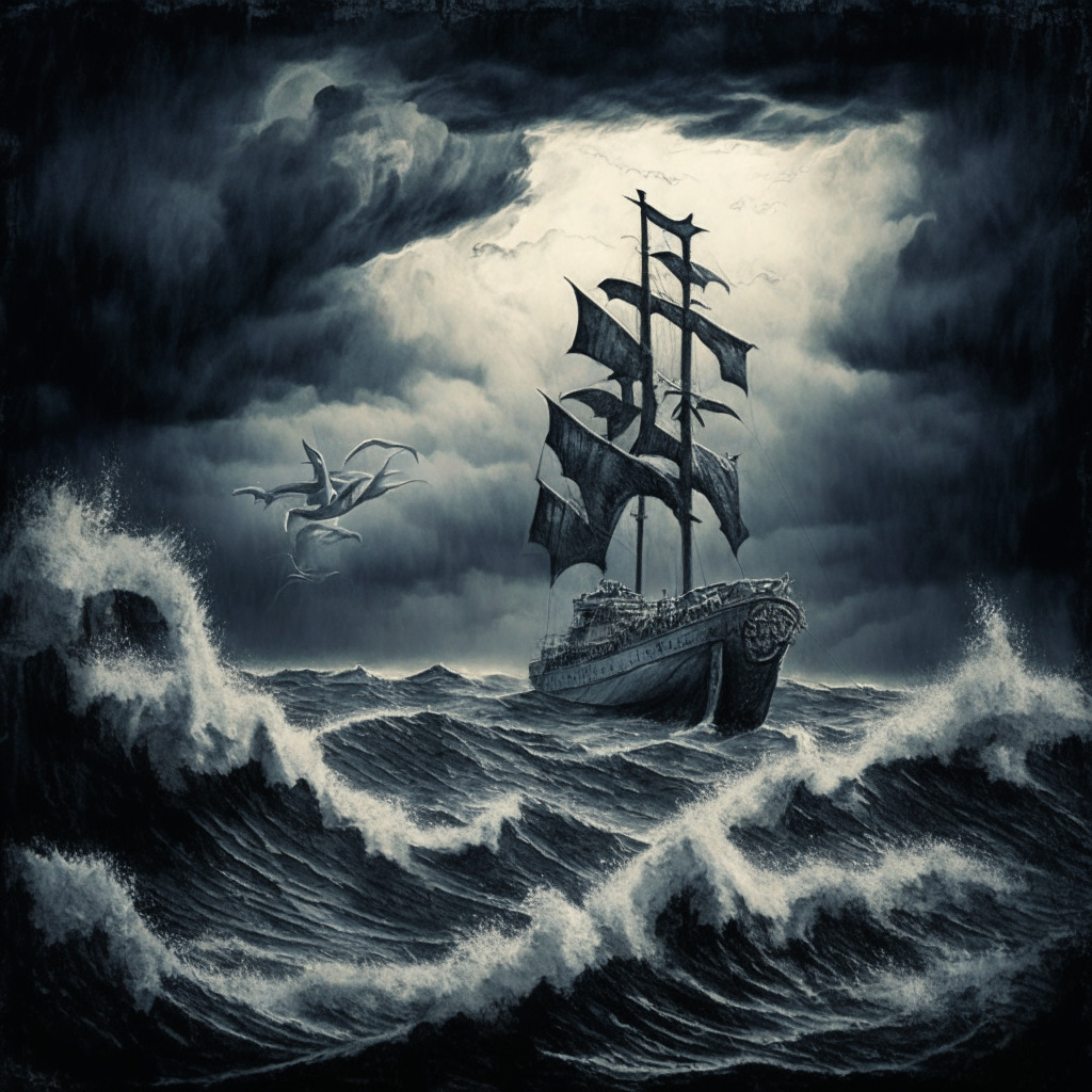A stormy nautical scene at twilight, mixed media, featuring an imposing Bitcoin symbol navigating rough seas, emulating the style of Romanticism. Show a silver dollar sign, muscular and aloof, on a distant, higher peak in the background. Evoke an unsettling, tense mood, hinting at uncertainty and potential danger.