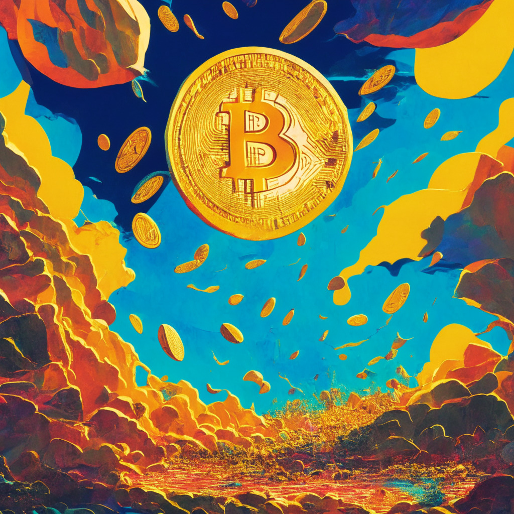 A vibrant scene depicting the soaring success and volatile nature of Bitcoin in an abstract market landscape, a large, golden coin front and center symbolizing Bitcoin's potential value hitting highs of $250,000. Vivid use of color to embody optimism, with portions of the scene in shadow indicating skepticism and risk. An impending halving event represented by a coin slicer, anticipation and doubt hanging in the air. Incorporated are contrasting elements to represent the dichotomous views: ascending arrows expressing the belief in stratospheric potential, countered with gravity represented by weights pulling downwards. The overall mood is a thrilling uncertainty, a game of risk and reward.