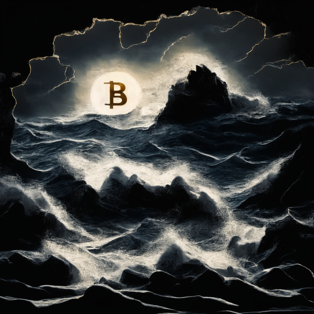 An abstract representation of a precipice overlooking a volatile sea, expressing the uncertainty of the Bitcoin market under $25K. Use a chiaroscuro style, with strong contrasts between light and dark, to highlight the opportunity in crisis. Incorporate symbols of optimism and caution for the opportunistic buyers and potential threats. Mood should be tense and anticipatory.