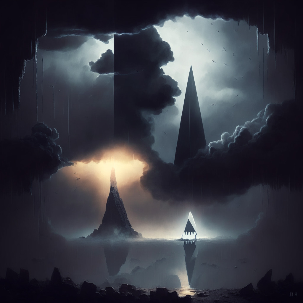 A dimly lit, smoky, and mysterious futuristic world illustrating the Bitcoin versus Ethereum race. A monolithic bitcoin being overtaken by an ambitious, vibrant ethereum coin. The perceived tension in the atmosphere reflected by dark clouds and indistinct shadows, culminating to a pinnacle, indicating the upcoming verdict. The whole scene should emit a mood of suspense, curious anticipation, and a dash of awe as the tokens pave the unprecedented path.