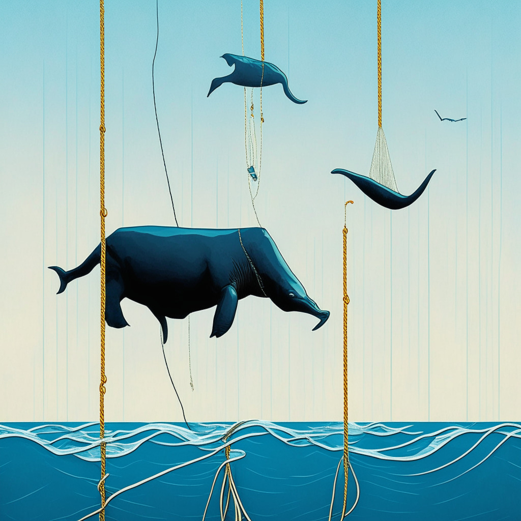 An abstract representation of a balancing act, a bitcoin coin teetering on a thin wire, representing risk and reward. A mighty bull and a cautious whale swimming below, symbolic of market dynamics. Sky subtly transitioning from dawn to midday, showcasing optimism and vigilance. Mood radiates suspense and anticipation. Imagery rendered in a modernist art style.