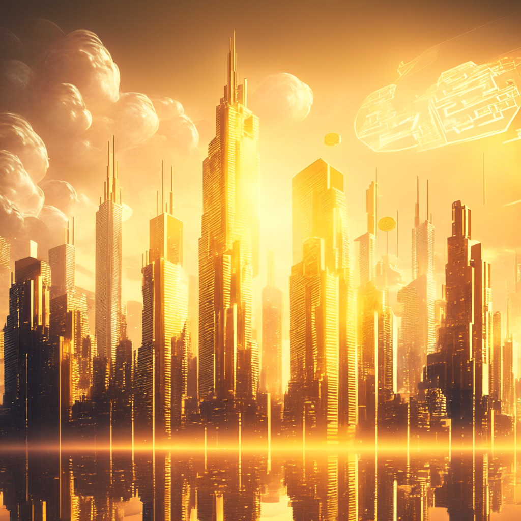 A futuristic metropolis skyline under a radiant golden light, imposing high-rise structures fashioned from shimmering 3D Bitcoins, stands against a backdrop of dynamic clouds signaling change. A bustling trade floor teeming with activity, showing the fast-paced world of cryptocurrency. Express a mood of optimism and exhilaration, propelled by the abstract notion of growth and expansion, subtly hint towards elements of risk and volatility.