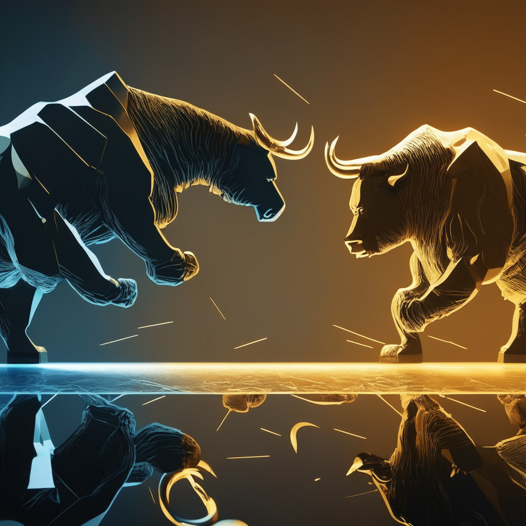 Modern digital scene depicting a bull and bear in a tug of war, symbolic of Bitcoin's struggle between bullish and bearish trends, reflective dusk light casting long shadows, set in a futuristic digital marketplace to signal evolving cryptocurrency trends, dominant color schemes of gold and slate grey to represent fluctuation in bitcoin prices, atmosphere tension-ridden yet hopeful.