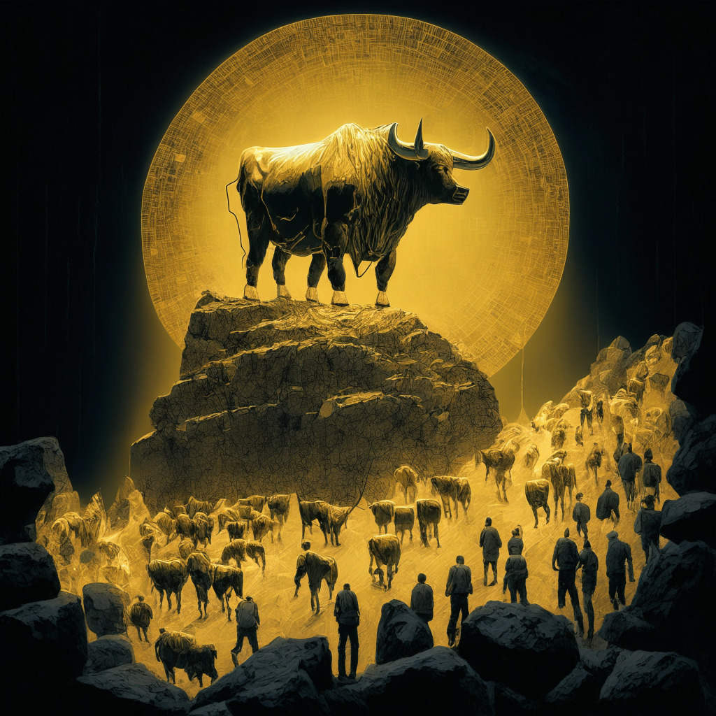 A symbolic interpretation of the Bitcoin market, At the forefront, a robust bull, ethereal yet tangible, traverses a rocky terrain symbolising risks and challenges in a golden hue, embodying the recent bullish trend. A crowd of various investors and enthusiasts watches in anticipation. The background displays an intricate web of financial data and charts, casting a surreal, luminescent light. The atmosphere is tense, yet hopeful; a blend of Rembrandt's chiaroscuro and Van Gogh's impressionistic swirls for a mix of reality and uncertainty.