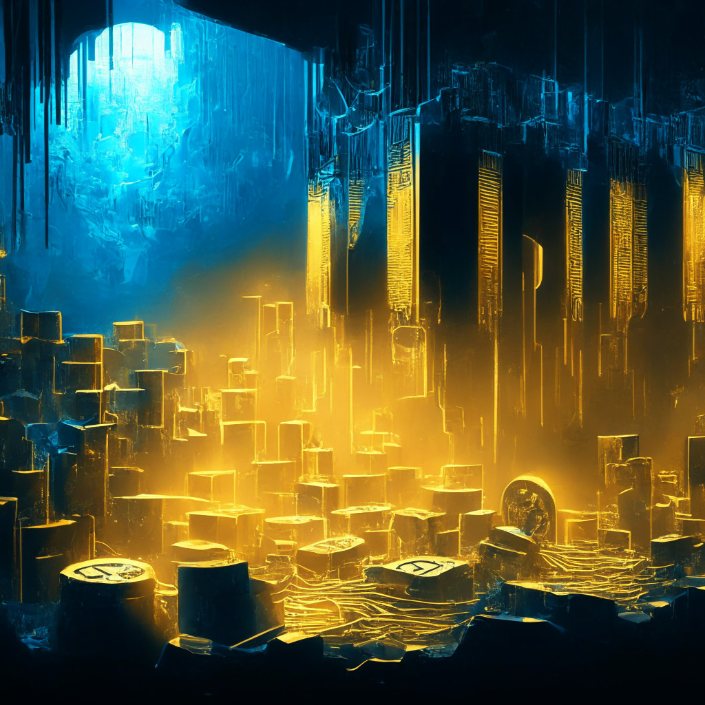 A strikingly atmospheric digital scene of intricate crypto mining operations, drenched in a blend of warm gold and cool blue light. In an abstract, futuristic style, the energetic action illustrates the mining process, imbuing a tantalizing sense of anticipation. Enigmatic shadows, suggestive of market uncertainties, cast doubt over the tangible value of the gold-tinged Bitcoins being unearthed.