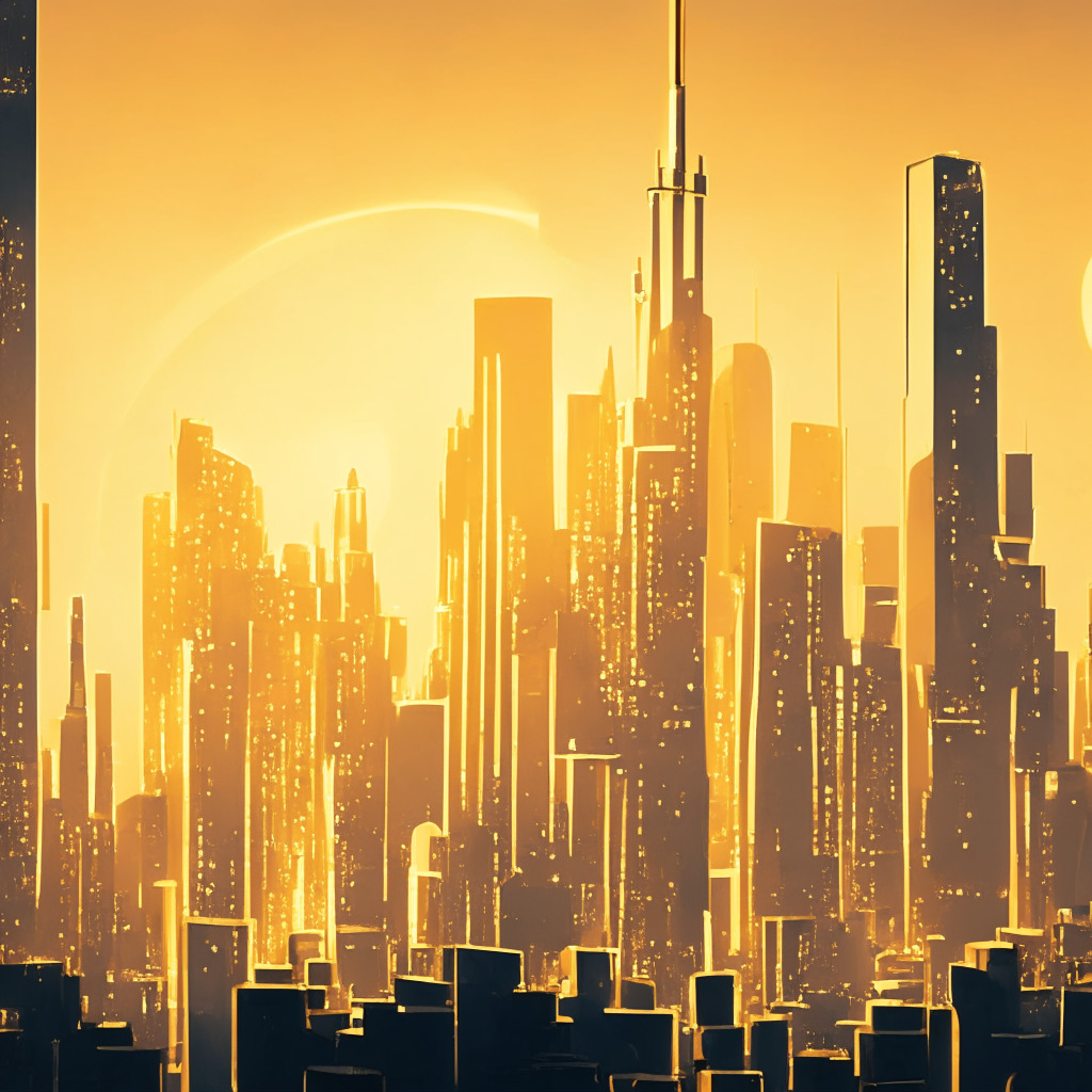 An abstract panoramic view of an animated financial metropolis, bathed in mellow golden dawn light, signaling the uncertain future. The city embodies Bitcoin's sluggish performance, with a minor surge represented by one skyscraper under intense spotlights. Spread throughout the cityscape, several well-lit governmental and financial buildings symbolizing Coinbase's ambitious international expansion targets: the EU, U.K., Canada, Brazil, Singapore, and Australia. The dimmed buildings illustrate the general lethargic state of the market, waiting for significant regulations. The whole painting imbued with Impressionist styles underscoring the speculative and transitory nature of the scene.