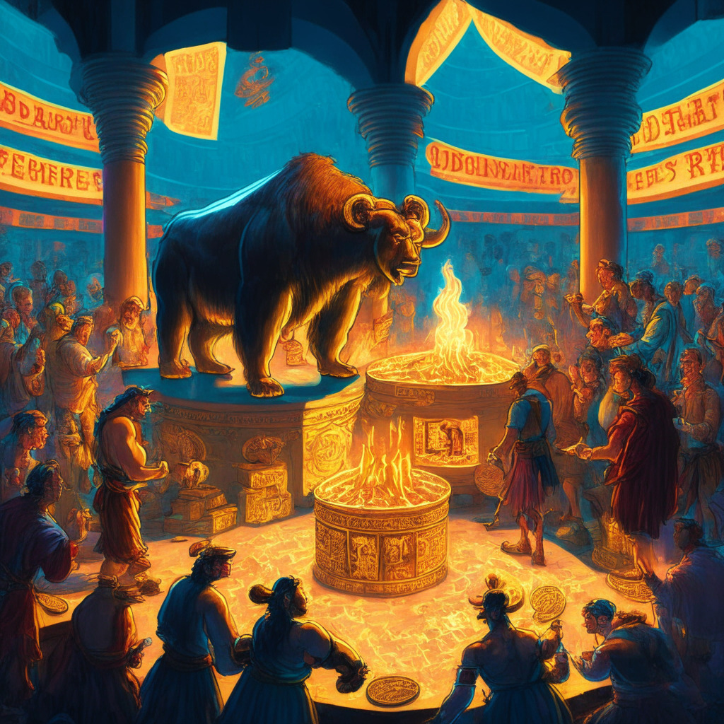 A vibrant, renaissance-style depiction of a heated marketplace, with traders busy haggling over digital coins named TON, XLM, XMR, and MKR. The biggest coin marked with 'BTC' sits atop a pedestal, glowing radiantly, symbolizing Bitcoin's dominance. A bull and a bear tussling in the background, symbolizing fluctuating market sentiment. Mood: Ambitious yet cautious.