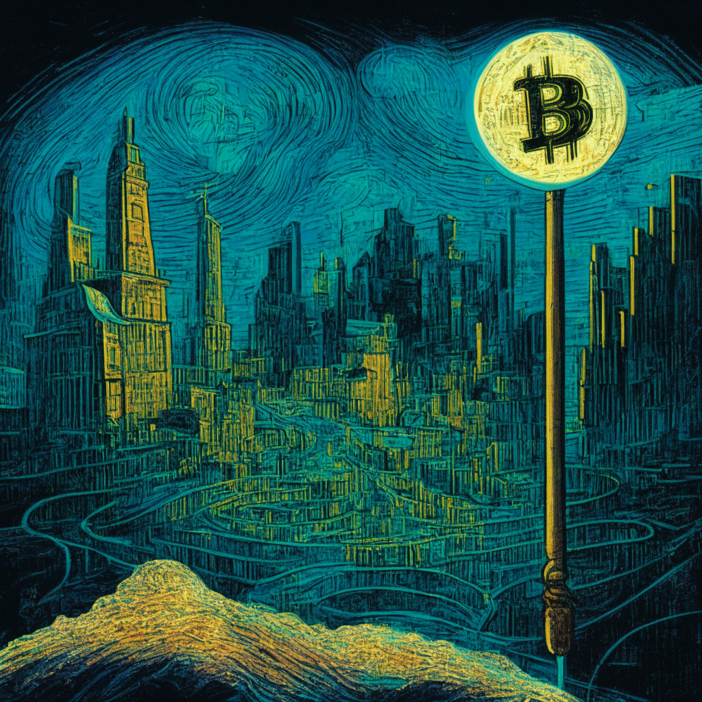 A moonlit financial landscape displaying an upward winding Bitcoin path amidst fluctuating bar graphs representing the CPI, an antique gavel symbolizing legal developments and a cityscape for the exchange FTX. The scene is painted in the Van Gogh's post-impressionistic style, showing growth and resilience with light falling on key elements emphasizing their impact.