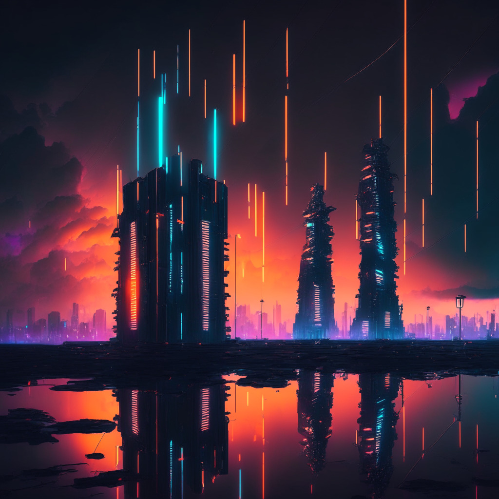 Dusk settling over a digital cityscape, with an aesthetic akin to a cyberpunk universe. Tall, metallic structures symbolizing Bitcoin, Sonicbot, and PERPS stand resilient, their neon lights reflecting off a mirror-like surface beneath. In the fore, a bullish symbol glowing warmly. In the back, hurdles represented by dark clouds but light piercing through, indicating potential gains while cautioning possible pullbacks.