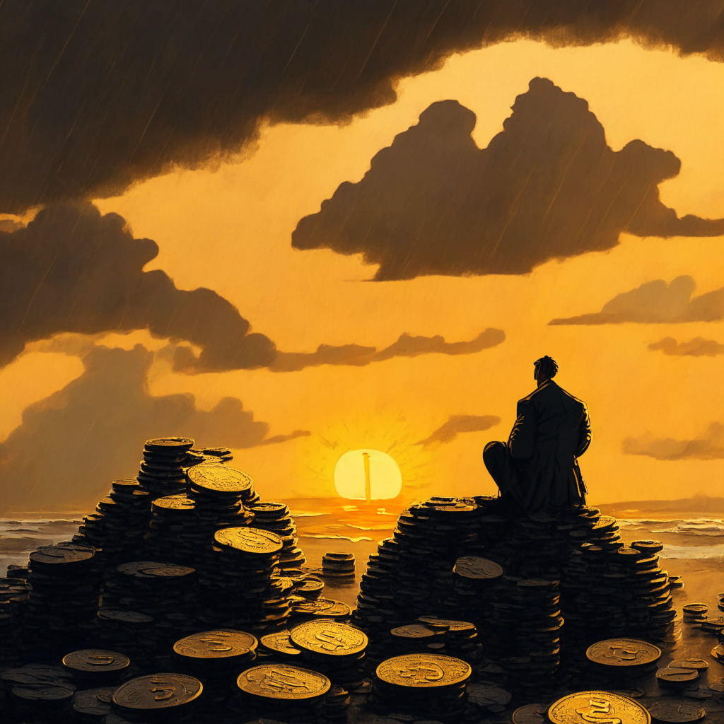 A stormy dusk settling over a barren financial landscape, metaphorically representative of Bitcoin's rough September. The golden-hued setting sun casting long shadows over stacks of coins, embodying declining crypto values. Overshadowed by looming, ominous regulatory structures, reflecting the influence of regulation. A lone, hopeful figure on the horizon, perhaps an evangelist, gazes toward a distant glowing ETF approval, symbolizing optimism amidst uncertainty. Artistic style projecting a moody chiaroscuro effect, emphasizing the contrast of light and dark, uncertainty and hope.