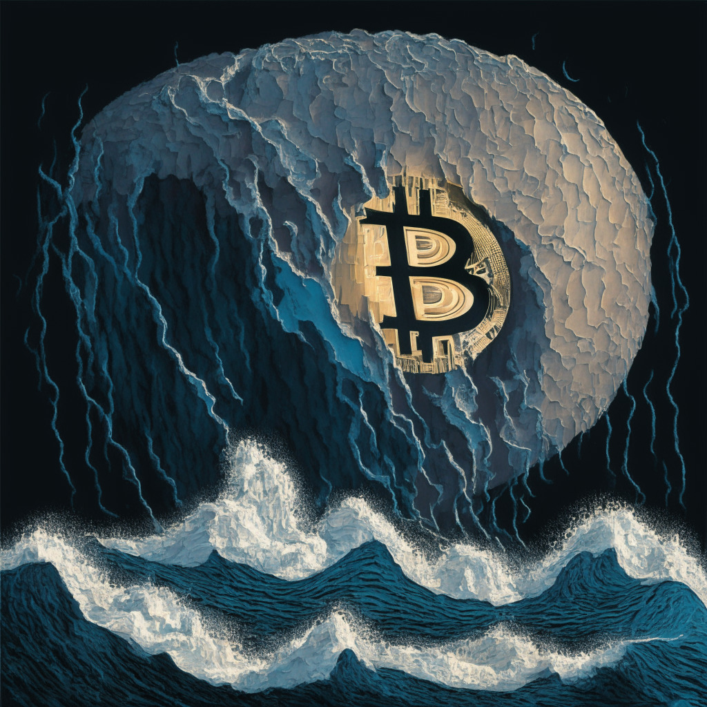 An abstract representation of Bitcoin grappling with a market of uncertainty, coated in cooler shades to depict gloom and depression. The Bitcoin sphere stranded in an unsettled sea, struggling against relentless waves. The scene oscillates between faint glimmers of hope and intensifying shadows cast by inflation's clouds. The mood is tense, poised on a precipice, facing gloom yet holding onto promise.