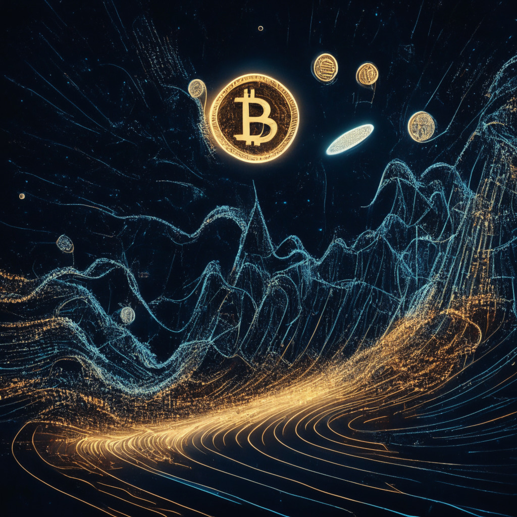 A rollercoaster ride of Bitcoin value oscillating high and low, rendered in an abstract style evoking volatility and unpredictability. The image should feature a moonlit night scene, with the mysterious, intricate fluctuations of Bitcoin's value represented by a pulsating light trail across a starlit sky. The mood should capture the tension and excitement inherent in cryptocurrency trading, with a subtle hint of an impending storm symbolising potential losses. The light setting should enhance the fluctuating ambience, alternating between bright moonlight for the surge and ominous cloud shadows for the plunge.