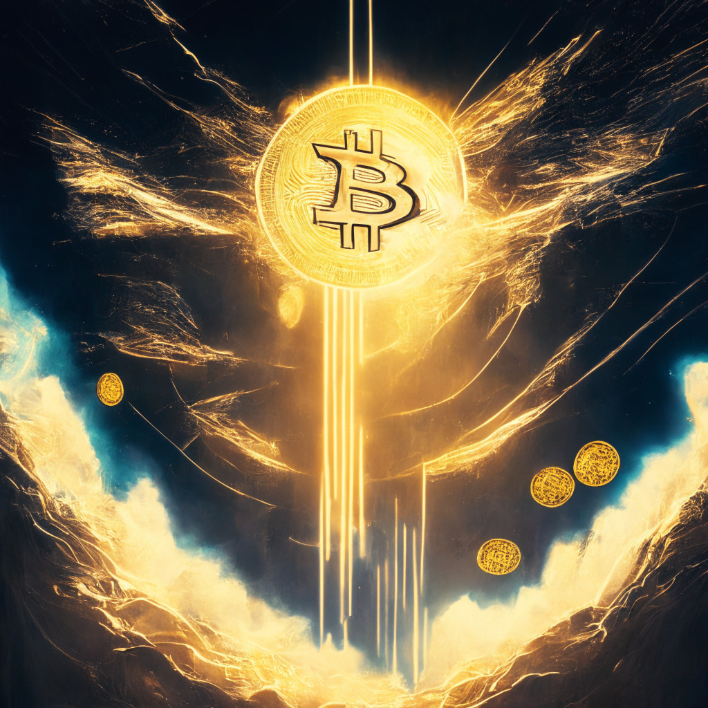 A soaring bitcoin over the 26,000 mark with streaks of gold and silver light highlighting its ascent, in a digitally abstract art style, glowing under the ethereal luminescence of financial victory, in futuristic cyberpunk hues, emitting an intense atmosphere of anticipation and resilience, along with alternative cryptocurrencies on the horizon, all set in an intensely dramatic, bullish digital landscape.