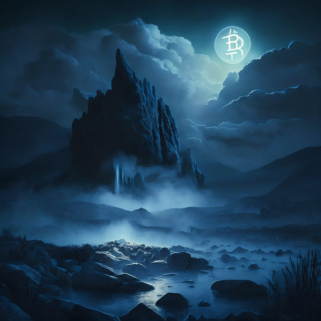 A murky financial landscape at twilight with Ethereum emerging from a clouded sky and Bitcoin entrenched on rugged terrain. Subtle rays suggest a potential dip, while an almost ethereal glow outlines their strongholds. A mix of Blue Moonlight and Nocturne style representing both uncertainty and potential windfall. The mood appears cautiously optimistic.