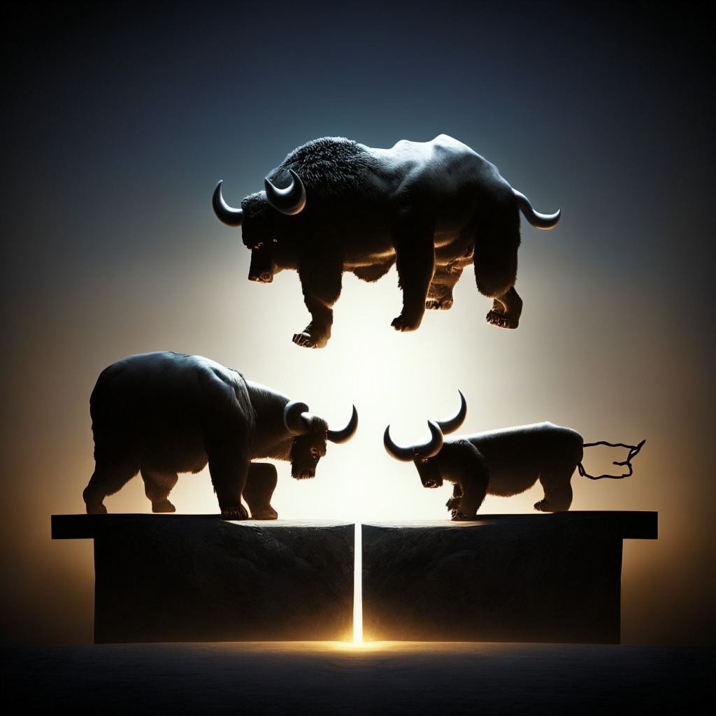 A surrealist scene at dusk representing the concept of a 'Bull Bear Stalemate in Bitcoin Market'. Depict a large electronic bull and bear on opposite sides of a precarious, oscillating balance beam, above a vast, darkened abyss. The bull and bear should look alert and tense, their bodies poised for combat symbolizing market uncertainties. Include ethereal, shimmering gold coins and decentralized network symbol peripherally, subtly indicating the realm of cryptocurrency. Use a muted, dramatic color palette to enhance the sense of unease, tension and momentum. Mood: Tense, serious.