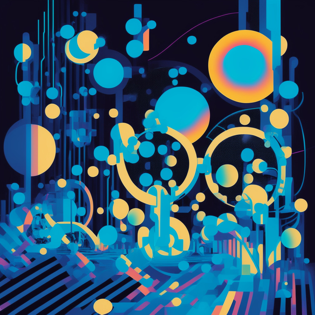 An abstract representation of a roller coaster, rendered in hues of neon blues, to signify the volatility of the Bitcoin market. A series of individual orbs, each represents different altcoins are arranged along the roller coaster track emitting soft glows portraying hope. The artwork has an ominous undertone, speaks in Cubist style, muted background with spots of moonlight.