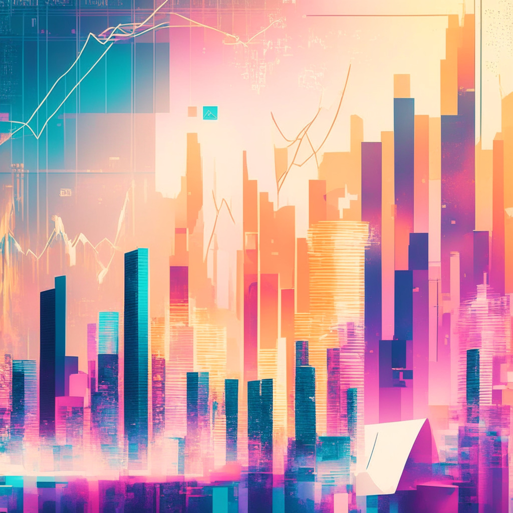 An abstract cityscape overlayed with financial charts under a pastel sunset, representing Singapore's financial scene. Shots of traditional securities like money market funds and U.S. treasury bills, mixing with the digital realm symbolized by floating, ethereal, stablecoin icons. The style is neo-futurism, with visible tension stoked by the high-stakes gamble of blending TradFi and DeFi. The mood evokes cautious excitement backed by skeptical undertones.