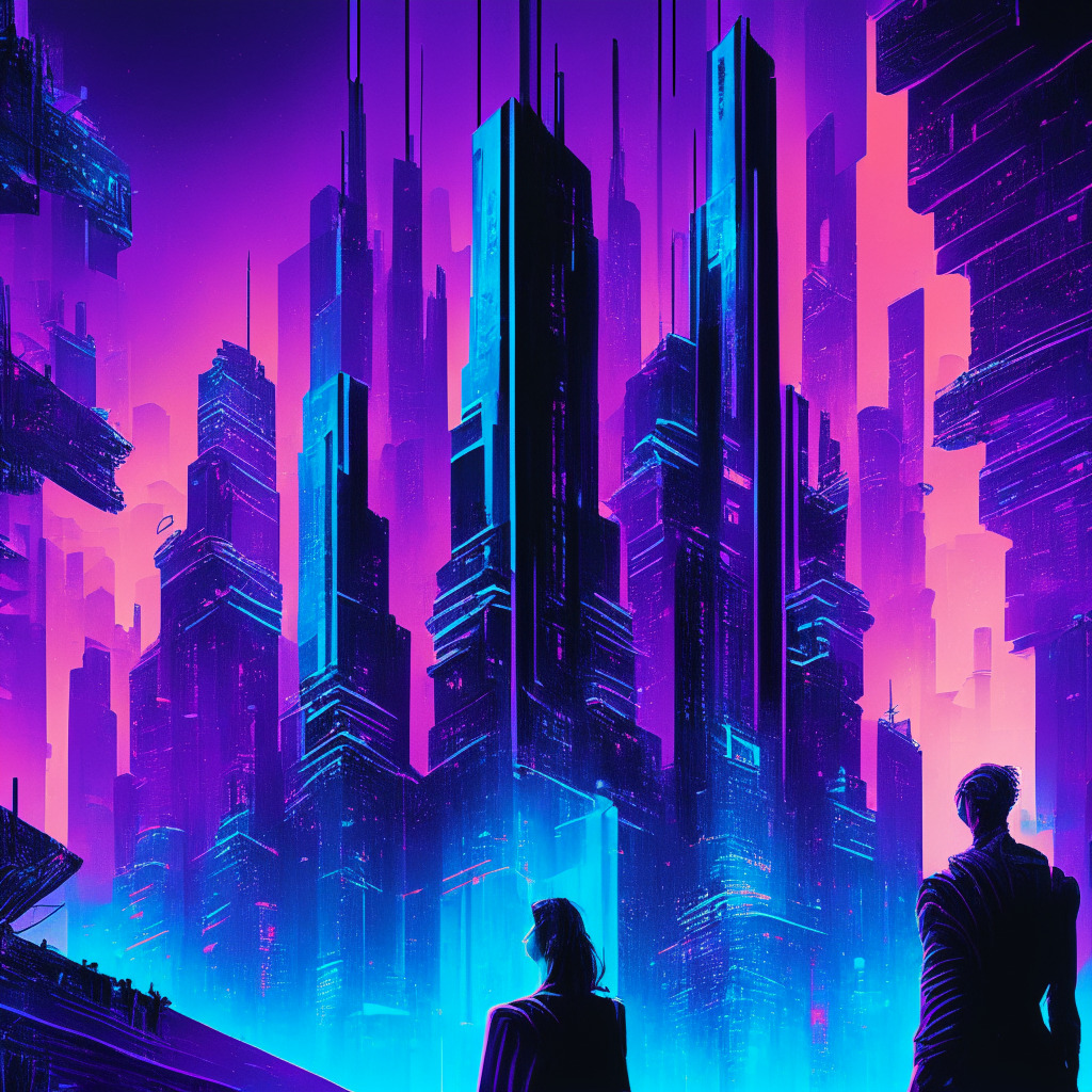 A futuristic digital cityscape colored in hues of neon blues and cyberspace purples, where skyscrapers pulse with the ebb and flow of blockchain data. In the foreground, a dominant structure for the Story Protocol, a glowing metropolis signifying its success, people looking up towards it, their faces lit with empowerment and curiosity. Aside, a contrasting edifice, symbolizing Coinbase's lending platform, shimmering with tokens indicating digital cash flow. Make it rich with chiaroscuro lighting to maintain the mystery and complexity of the scene, while portraying an optimistic but cautious mood of the crypto universe.
