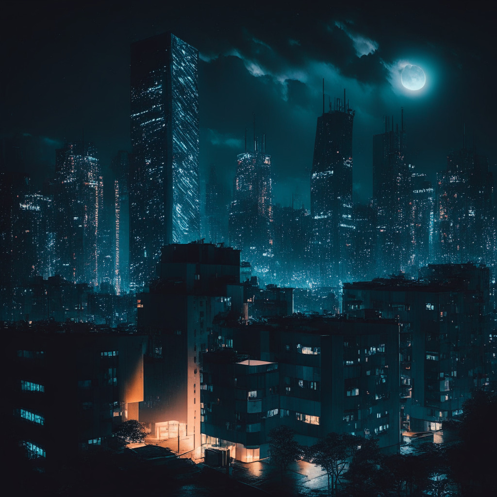A nighttime scene in a futuristic, tech-enabled Germany, bathed in the soft glow of ethereal moonlight. Half lit skyscrapers house bustling blockchain technology offices, the air crackling with innovation, defiance, and a subtle note of risk. Contrast this vivid urban landscape with a dark, gloomy background representing the global downturn. The atmosphere is tense, waiting. The style, a blend of realism and impressionism, incorporating bold strokes and muted colours, illustrating the juxtaposition: excitement vs uncertainty.