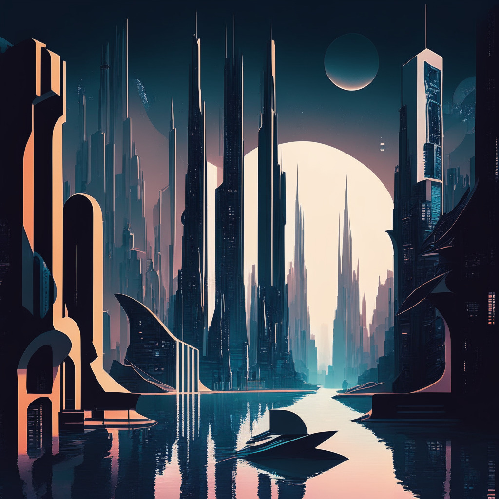 A stark contrast of a futuristic blockchain city and a traditional banking cityscape, split by a meandering river of binary code. Artistic style inspired by the Neo-Futurism movement. High-contrast, sharp shadows. Light setting is moonlit with cool hues. Mood is tense and full of anticipation.