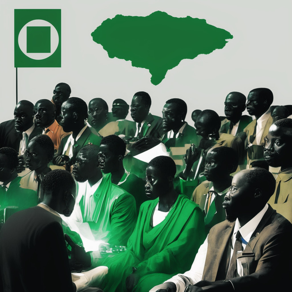 Stoic Nigerian stakeholders gathered under digital assets summit theme, mood full of cautious optimism against a stormy backdrop of regulatory uncertainty, casting long shadows. Center, a defiant Convexity CEO animatedly debating, faint glow of hope illuminating the scene. Web3 education icons scattered about, integrating multilinguistic symbols, hinting at a paradigm shift. Subtle Nigerian flags, BTC symbols subtly woven.