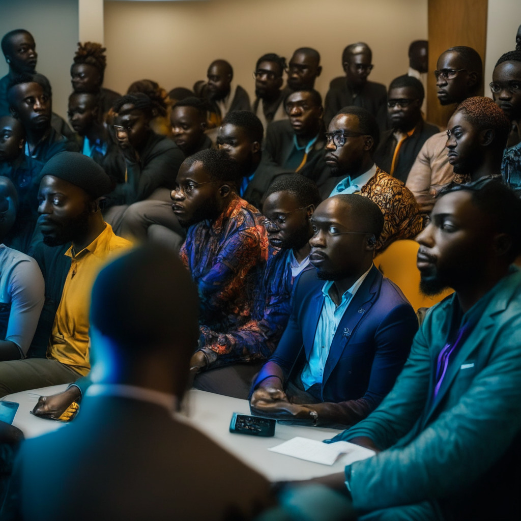 A diverse gathering of Nigerian individuals attending a blockchain technology panel discussion, under a subtle muted light, to show the quest for knowledge. The ambiance exudes a sense of struggle and resilience, with tinges of optimism. The attendees display a remarkable eclectic linguistic mix, indicative of Nigeria's cultural diversity. Meanwhile, in the background, a disconnected bank hints at the tension between traditional finance and emerging tech, with a hint of abstract representationalism to the Central Bank of Nigeria's stance. A symbolic glowing blockchain hovering over the scene, embodying both the curiosity and unease towards the technology.