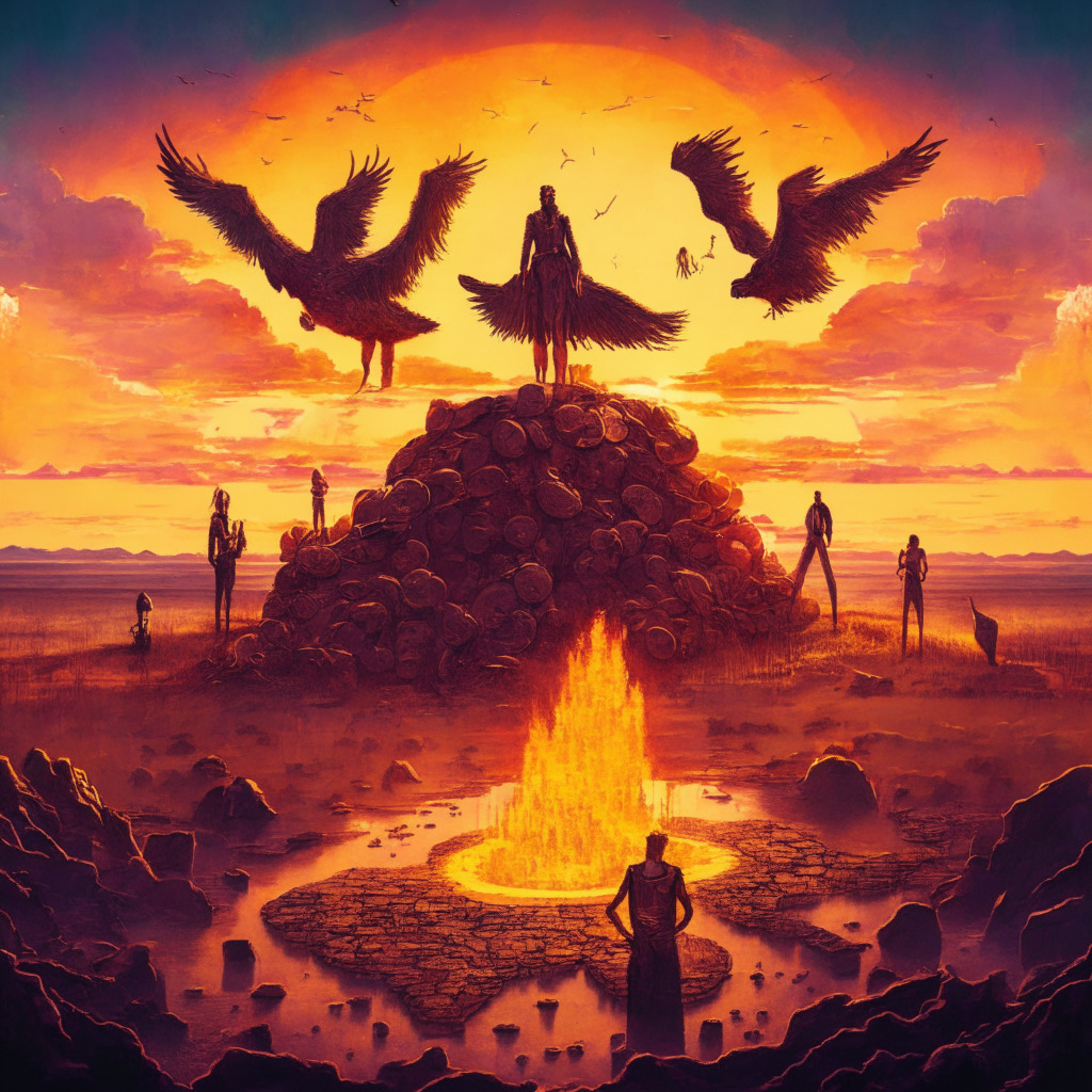 A surreal digitally-painted scene, warm sunset hues aglow, displaying well-known celebrities standing atop a giant Bitcoin, Ethereum, Solana, and Polygon coins. The foreground with charred land reblooming, while in the backdrop, the blockchain concept visualised as interlocking blocks extending towards the horizon. Ethereal and hopeful mood, subtle nod to a phoenix rising.