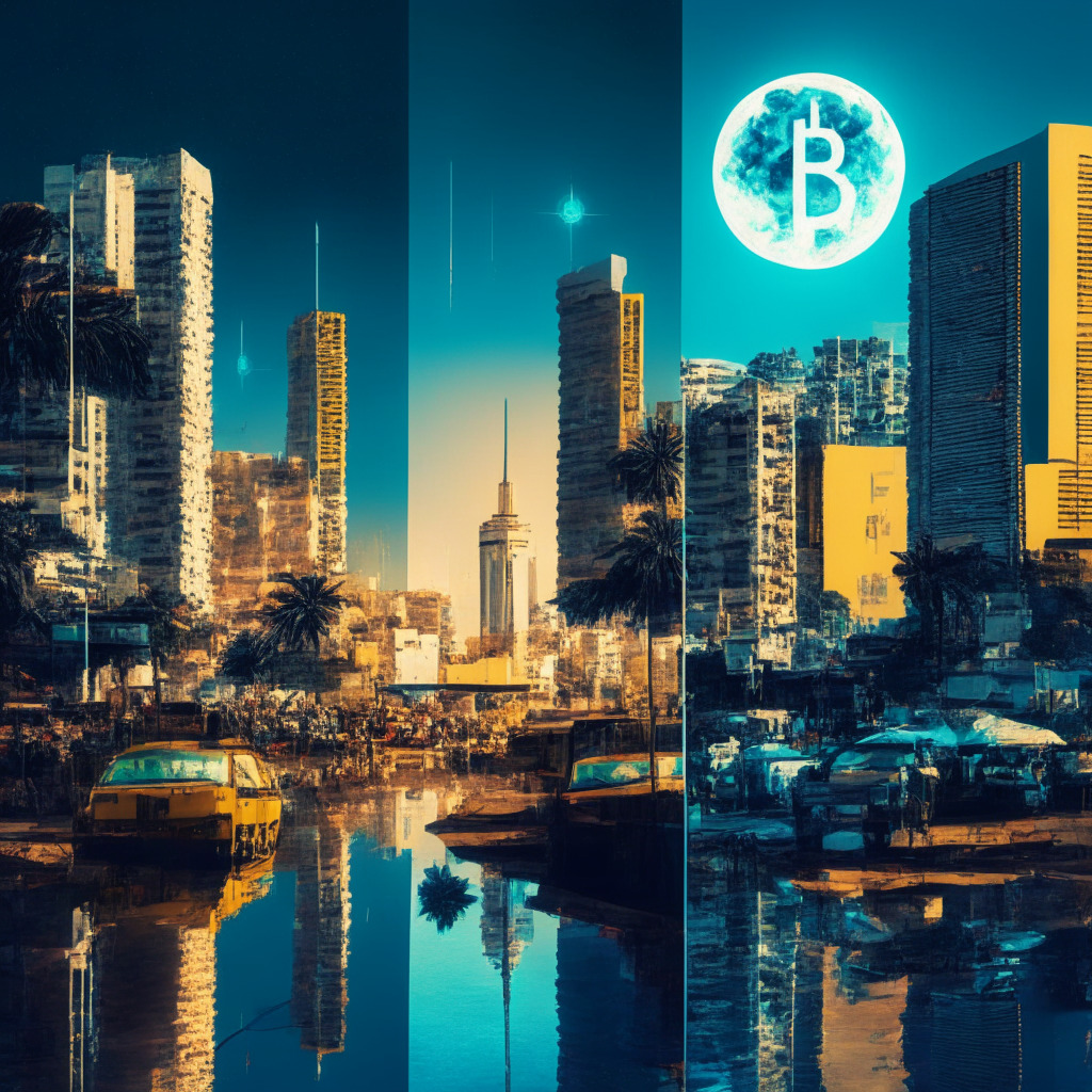 Visualise two contrasting landscapes, a bustling Nigerian city with a vibrant, chaotic market, full of digital screens displaying crypto symbols under a warm afternoon sun. Across the pond, a sleek American metropolis dominated by robust institutions under a cool, clear moonlit sky. Both cities are encased in a blockchain link, communicating subtly about the blend of potential and regulation.