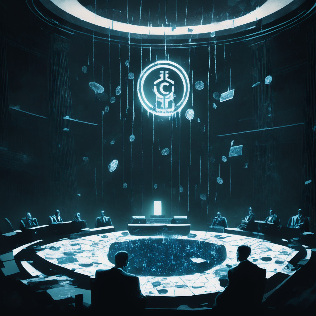 A digital courtroom drenched in a sombre, moonlit glow, filled with ghostly renderings of blockchain symbols and cryptocurrency icons. In the center, an image of shattered glass coins, representing the collapse of a once-strong cryptocurrency exchange. The atmosphere thick with tension and uncertainty, casted shadows express conflict, shouting both caution and accountability. The characters in the scene include a defiant executive still standing amidst the chaos and a crowd of onlookers, embodying the global scrutiny and public debate. The tone is both solemn and thrilling, capturing the ongoing drama of blockchain regulation and its impact on innovation.