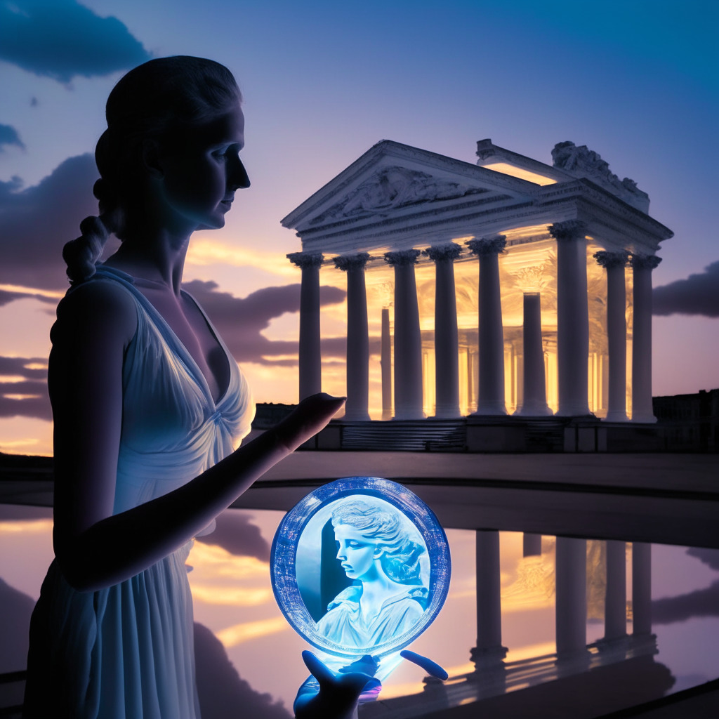 Evening scene of the Bank of England, neo-palladian architecture style, under a sky transitioning from sunset to twilight. Inside, Sarah Breeden, as a hologram, is holding a translucent, gleaming crypto-coin. Her figure emits a soft light that creates an ethereal atmosphere. The mood is of cautious optimism, with a bare hint of foreboding. Without any brand or logo, set amidst a balance scale subtly symbolizing risk versus potential.
