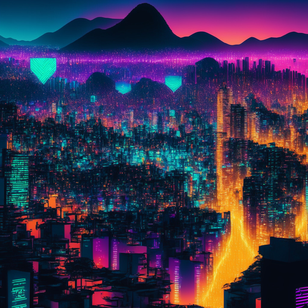 A vibrant digital cityscape at dusk in Rio de Janeiro, full of multicolored neon glow, illustrating the cryptocurrency revolution in Brazil. Fantastical blockchain elements mesh with city landmarks, encased in shimmering luminescent cryptography symbols. In the heart, a radiant digital ID card symbolizes a new era of secure identity verification. Radiating cyberpunk aesthetic, the picture balances the tension between high-tech advancement and societal issues.
