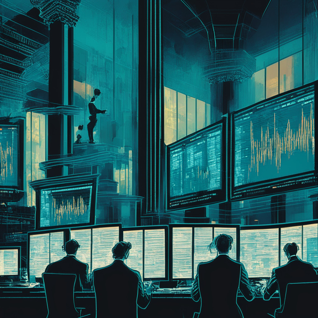 An intricately detailed, evening-lit scene inside the London Stock Exchange, delicately drawn in an abstract, modern style. The mood of the image is a blend of cautious optimism and anticipation, symbolizing the brave leap into the blockchain revolution. Depict figures studying elaborate digital asset graphs projected from sleek desktop stations, representing the integration of traditional asset trading with blockchain technology. Add the effect of soft, ambient indoor light, casting long shadows on the polished marble floor to enhance the dramatic ambiance.
