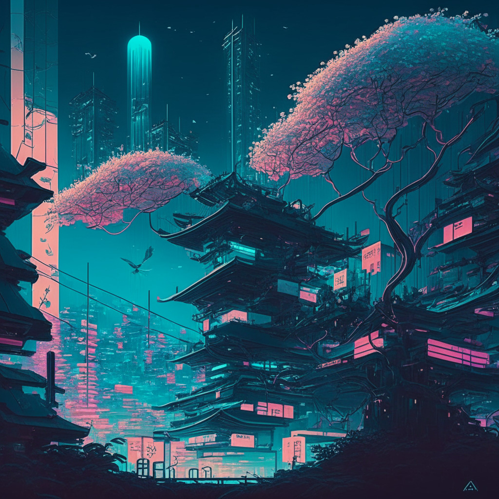 An intricate scene of a futuristic, urban Japanese cityscape at dusk, resonating with shades of teal and warm neon highlights, conveying whimsical yet ambitious energy. Include glowing elements of Web3, prominent blockchain structures, and a subtle hint of a somewhat abstract non-fungible token design, perhaps a token in the form of cherry blossoms. The atmosphere should evoke a sense of anticipation and novelty, yet, balance it with a touch of uncertainty and risk, symbolized by an imprinted shadow of a frozen coin, a frozen stablecoin. Lastly, add a shimmering crowd, representative of a wide-scale shift to digital technology.”