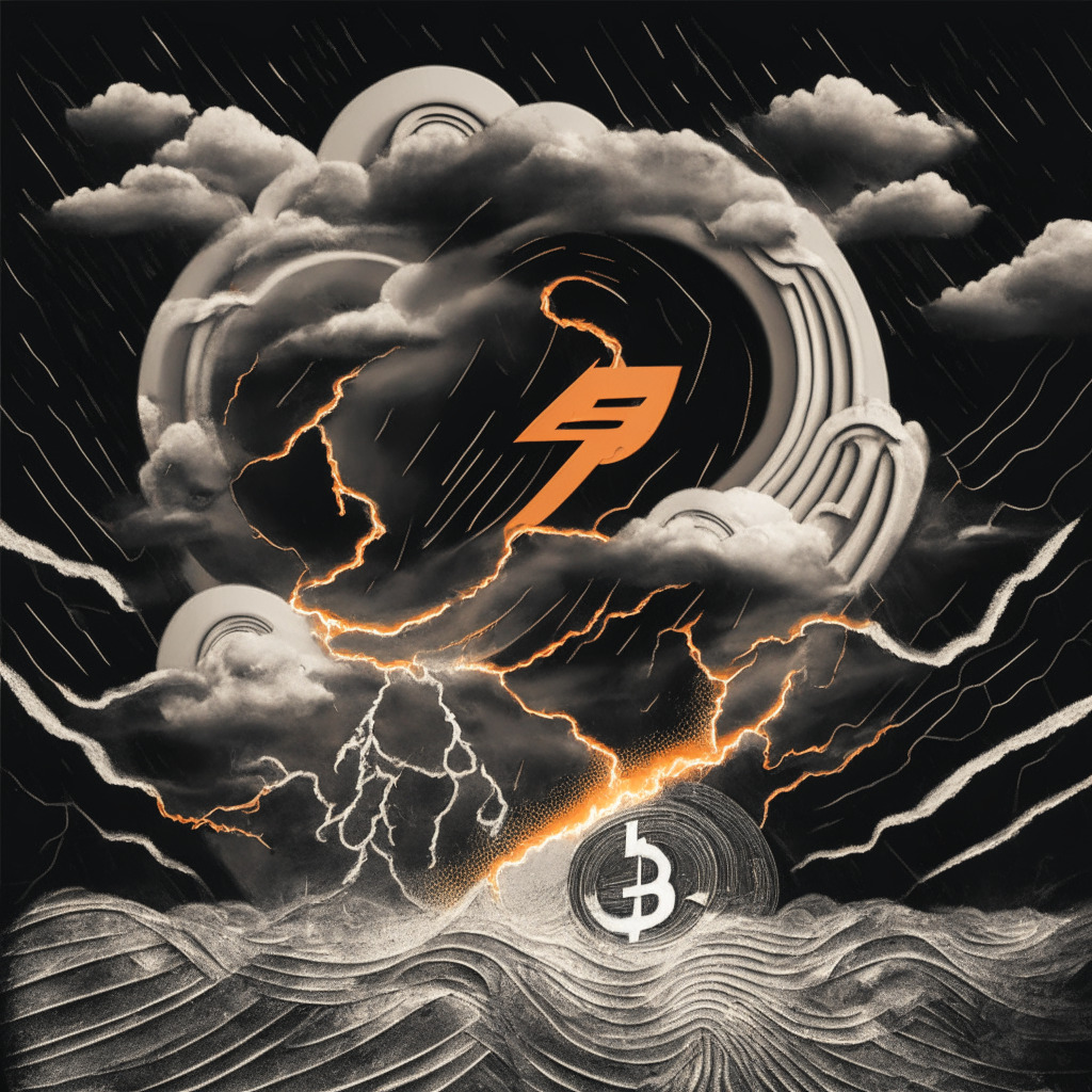 Depict a symbolic interpretation of financial turbulence with a dominant stormy sky representing the fintech investment downturn in grayscale for gloominess interspersed with streaks of intense orange, symbolizing the rise of blockchain investments as a glimmer of hope. Include tensions between traditional silver coins in turbulence and glowing crypto coins emerging from turmoil, representing the tug-of-war in the financial world. Prioritize an expressive, semi-abstract approach to enhance the overall dramatic mood.