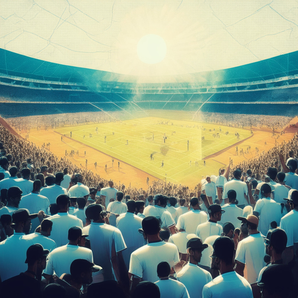 A sun-kissed cricket stadium in India, team players poised mid-action, exuding anticipation. Surrounding them, a transparent, holographic mesh hinting at the underlying blockchain structure. In the crowd, fans cheer, immersed in their phones equipped with the Web3 app. The scene exudes a fusion of traditional sport and futuristic tech, shrouded in raw excitement yet underscored by complex uncertainties.