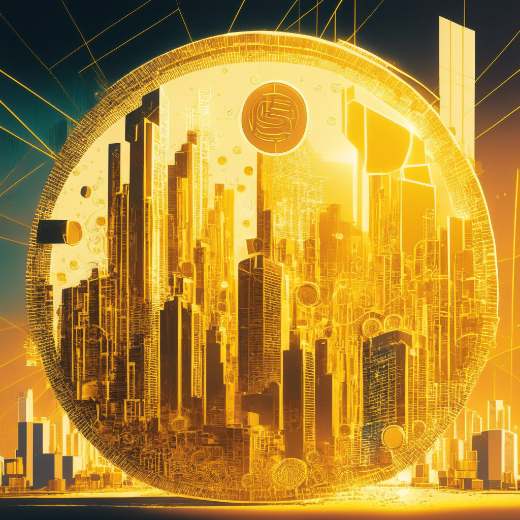 A futuristic cityscape depicting the streaming video industry as a giant, glowing, golden coin being constructed through blockchain technology, pieces interlocking with each other. The mood is hopeful and revolutionary. Use a vibrant palette with digital attributes, symbolizing Web3. Light emanating from the coin, casting long shadows, hinting at the transition of power from centralized platforms to creators. Ripples indicate disruption in the industry. In the background, silhouettes of streaming platforms crumble.