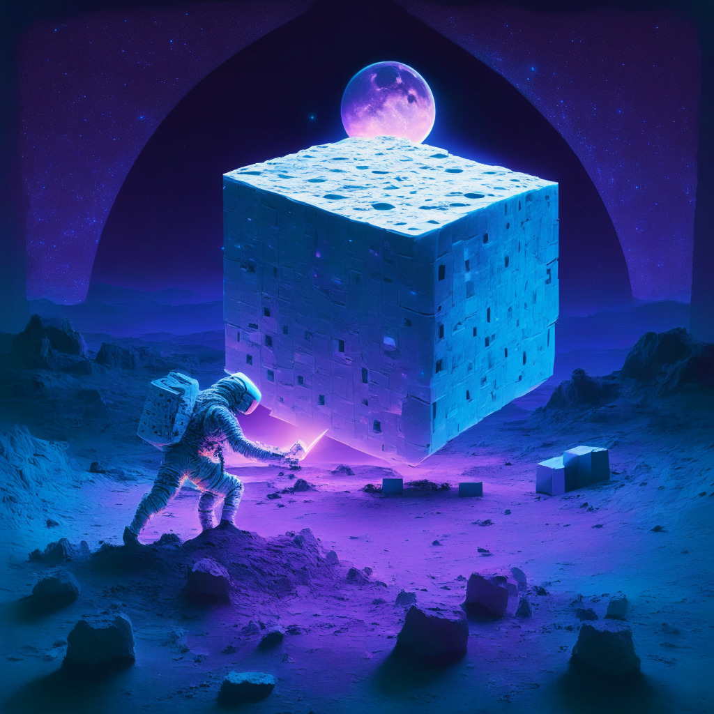 A futuristic moonscape under a soft indigo twilight, an astronaut delicately placing a glowing data cube on the cratered lunar surface. The cube casts blockchain symbols in ethereal neon hues across the moon's topography, symbolizing transparency and veracity. The Earth, in the backdrop, shimmers with implied anticipation, and the warm colors of a rising sun hint at a new era of exploration and technology. The aura is one of high-stake hopes, but also looming doubts, creating a dramatic tension between humanity's progress and vulnerability.