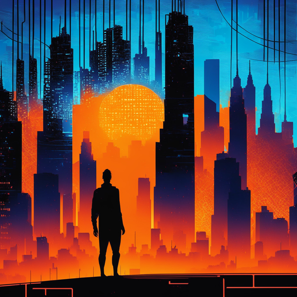 A noir-tinged cityscape, illuminated by neon blue and vibrant orange of a setting sun, symbolizing the contradicting duality of blockchain technology. In the foreground, a cryptic figure - symbolizing the 'Mixin network', shrouded in uncertainty and cast in the shadow of towering skyscrapers of data. Behind them, a background of tangled, interconnected networks representing the potential and vulnerability of decentralized structures, with tangled twisted vines as blocked pathways and luminous rays bursting through gaps, hinting at prosperity upon overcoming hurdles. All embody a mood of tension, mystery and quiet anticipation, hinting at the paradoxical prospective struggles of blockchain technology.