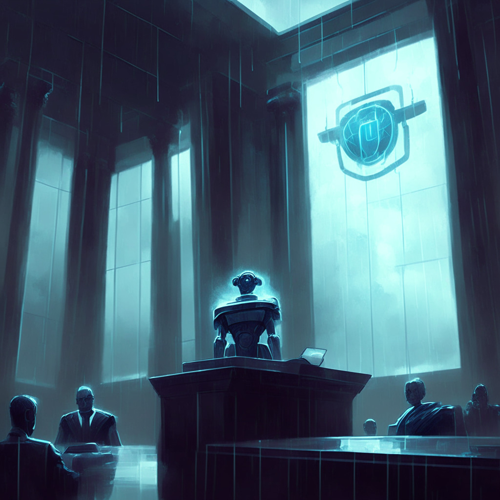 A late afternoon stormy courtroom, with an AI cyborg bearing the symbol of a blockchain on its chest, in a Realist art style. Focus on the uncertainties reflected in the murky weather, and the authoritative figure of the AI symbolizing authentication. Convey legal debates juxtaposing with aspirations for technology-based innovation.