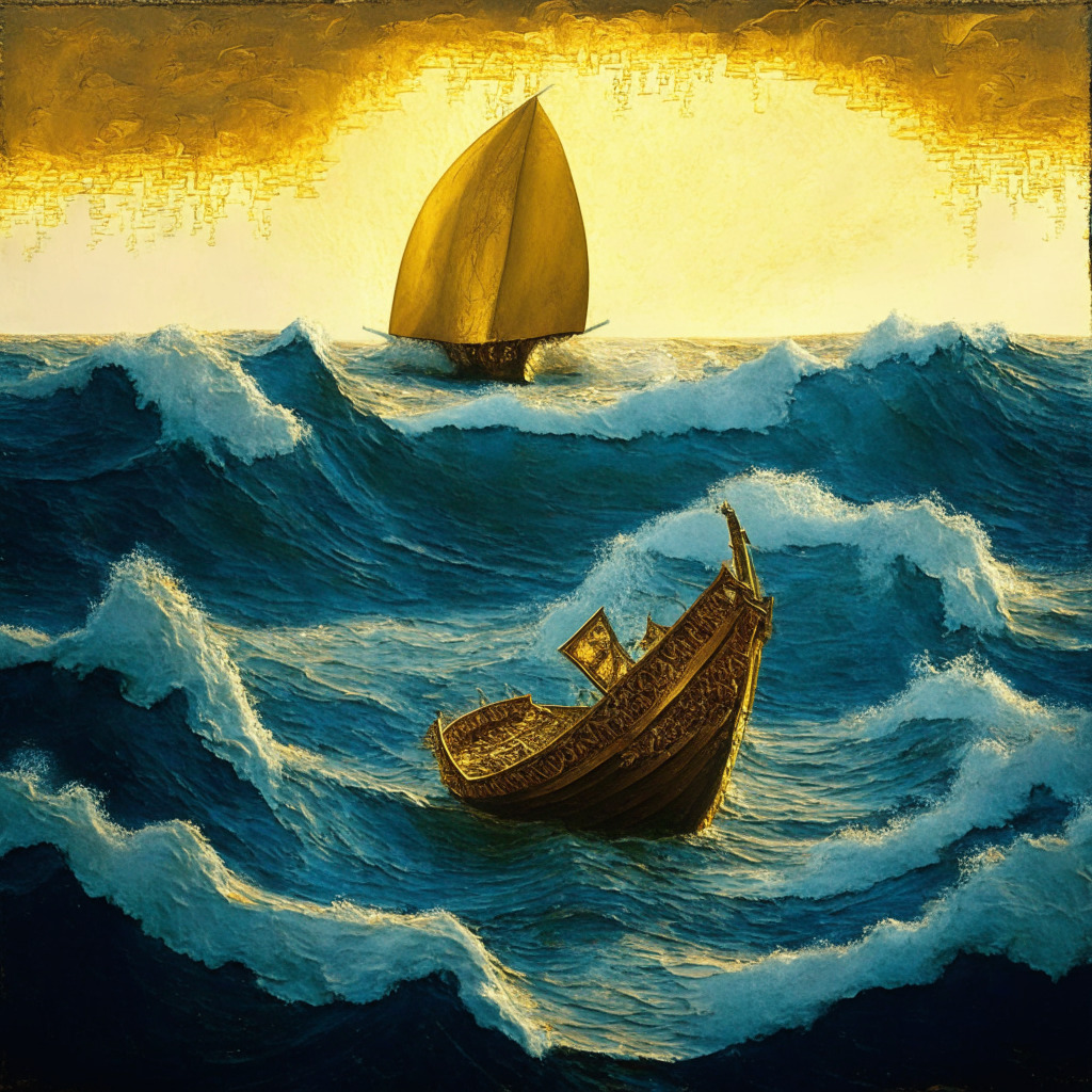 A tempestuous ocean with a single coin-shaped boat, 'BluiCoin', precariously navigating massive waves reflecting a volatile market. A rising sun, teetering between warm golden hues signalling hope and cool, bluish tones suggesting an impending downfall. Slightly distanced, another larger boat christened 'Wall Street Memes' sailing against the current, its sturdy figure mirrored under a cobalt blue sky, glowing with Carter's artistic style, symbolising steadfastness amid uncertainty. Gentle spotlight highlighting the spirited sailor communities on board, injecting buoyancy amidst overcast clouds. An encapsulating mood of informed thrill and suspense.