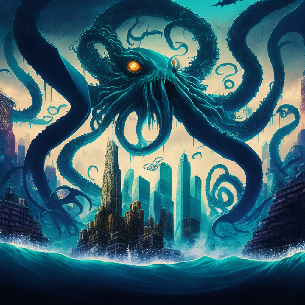 An epic illustration of Kraken's emblematic sea beast delving into a vibrant ocean of traditional stocks and ETFs for the first time, balanced with its secure crypto realm in a scaled design portraying the dual realms of finance. Futuristic cityscapes representing nations welcoming the venture and muted silhouettes echoing global regulatory scrutiny. Convey a dramatic, juxtaposed lighting to symbolise risk vs. advancement, in a cyberpunk-inspired style to hint at future possibilities.
