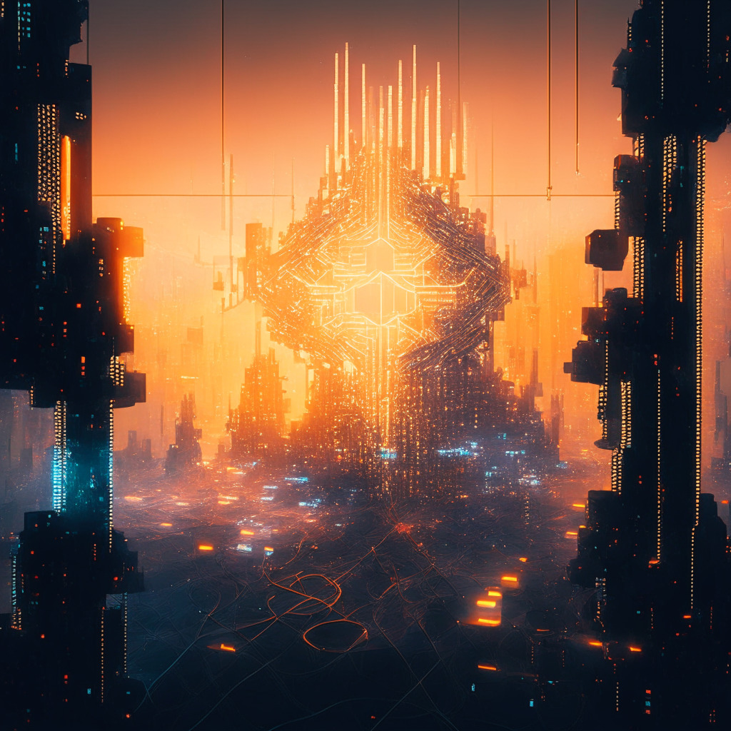 An intricate cybernetic metropolis of interconnected nodes representing startups being accelerated by invisible forces, bathed in the ethereal glow of a binary sunrise, symbolizing Web3’s gradual ascension. Shadowy figures lurk, hinting to the risk of unseen digital dangers. The overall aesthetic is drawn in a modern futuristic style, portraying a technologically optimized yet risk-ridden landscape, encapsulating a mood of optimism tinged with caution.
