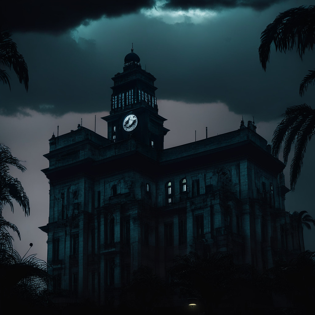 Dark, neo-gothic government buildings of Santa Catarina, Brazil, under gloaming skies with looming surveillance cameras. A stern law enforcement officer peering at computer screens, subtly imbued with subtleties of cryptocurrency symbols. A tense, dystopian atmosphere, heavy with the anxiety of crypto mining bans. Backdrop of rising international concerns about energy usage in crypto mining. Brooding painting style, with chiaroscuro lighting.