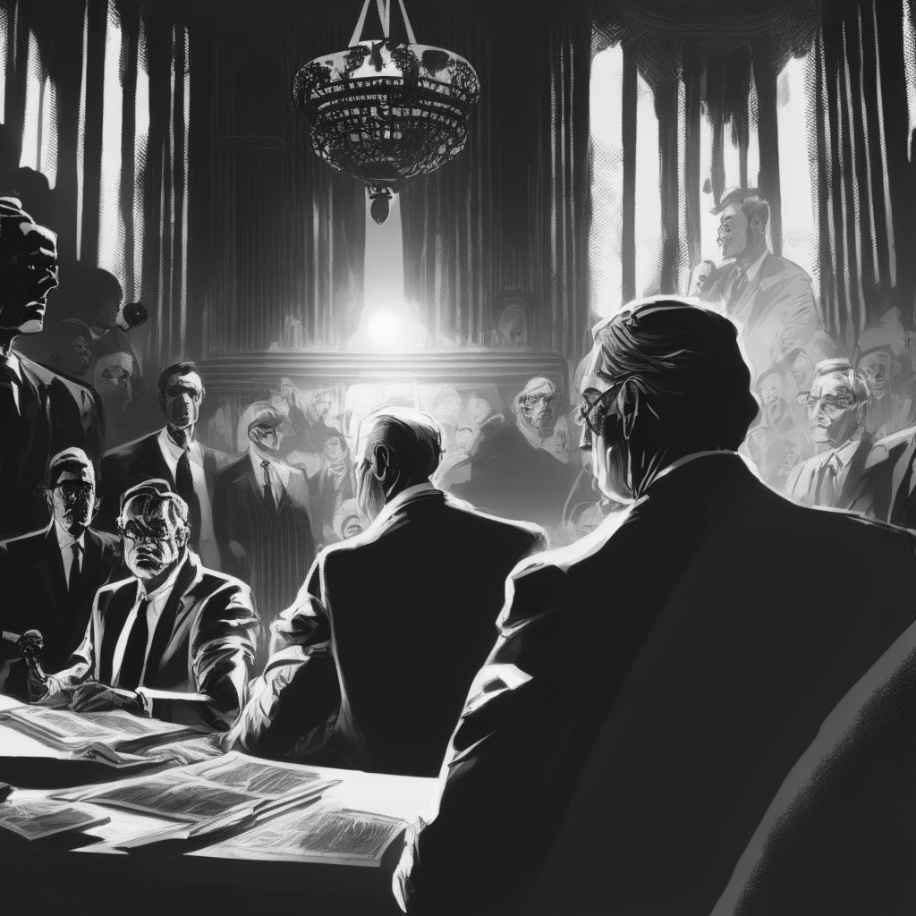 An elaborate scene in chiaroscuro style depicting a parliamentary hearing in Brazil, Precision etching details on key figures: a former president, an investor, a financial director in the crypto industry. Ambient light shadows mirror the allegedcorruption, suspicion and the call for financial regulation in the emerging blockchain world. Black and white contrast with strategically placed gold accents reflecting the cryptocurrency involved.