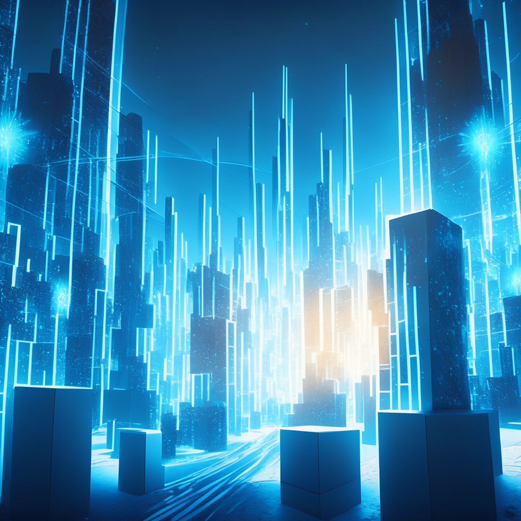 A futuristic digital cityscape bathed in soft blue light, mapping the interconnected world of crypto networks. In the midst of the city, towering pillars represent Solflare and MetaMask, connected by glowing beams of light. The scene is tinged with anticipation demonstrating the merger and potential growth, yet a winding pathway, representing the need for Solana-specific wallets, offers a contrast, symbolizing the remaining hurdles. Artistic style: digital realism.