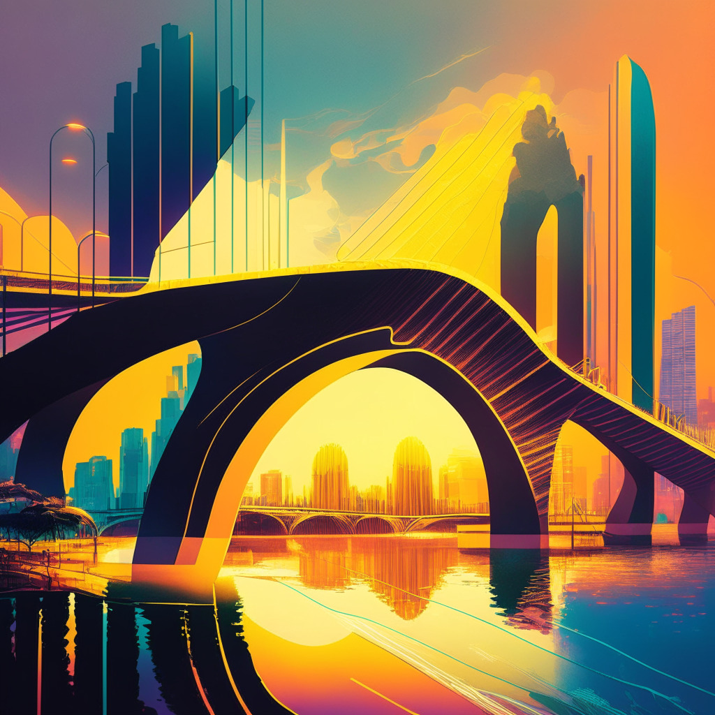 A vibrant, futuristic depiction of Brazil lit in soft afternoon glow, creating a mood of anticipation. On one side, an abstract representation of the traditional financial system, its architecture strong, reliable. On the other, a shimmering, fluid structure symbolizing the crypto economy. Between them, a luminous bridge hinting at the Pix system, its presence is subtle yet pivotal. The entire scene accentuated by an artistic blend of Impressionism and Futurism, encapsulating strides toward innovation and a hint of caution.