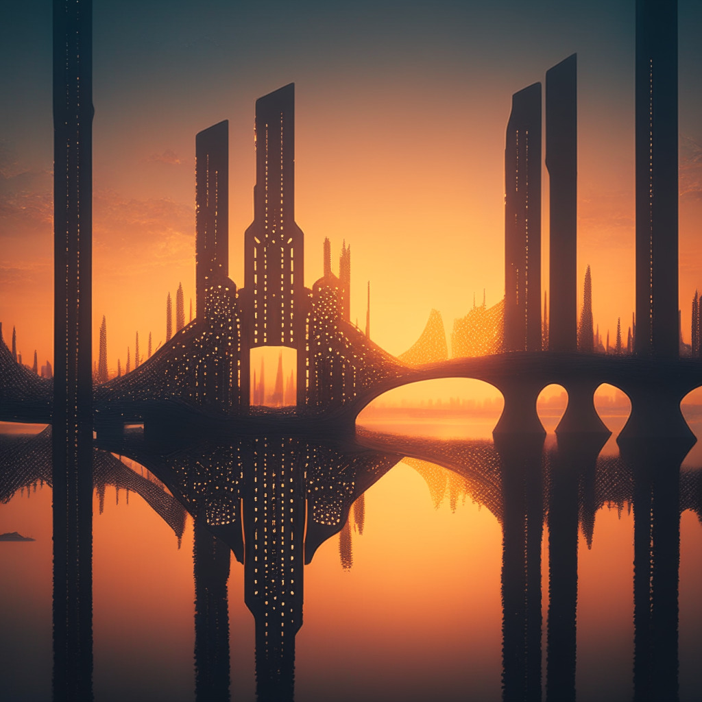 Sunset on a futuristic cityscape representing Cardano's blockchain ecosystem, a series of bridges symbolizing Emurgo's strategy to close identified gaps. Decentralized identity solutions and layer-2 sidechains prominently featured in the design. A serene mood, highlighted by a slightly gloomy atmosphere, reflective of the potential challenges faced. Style inspired by neo-gothic architecture to evince grandeur and ambition.